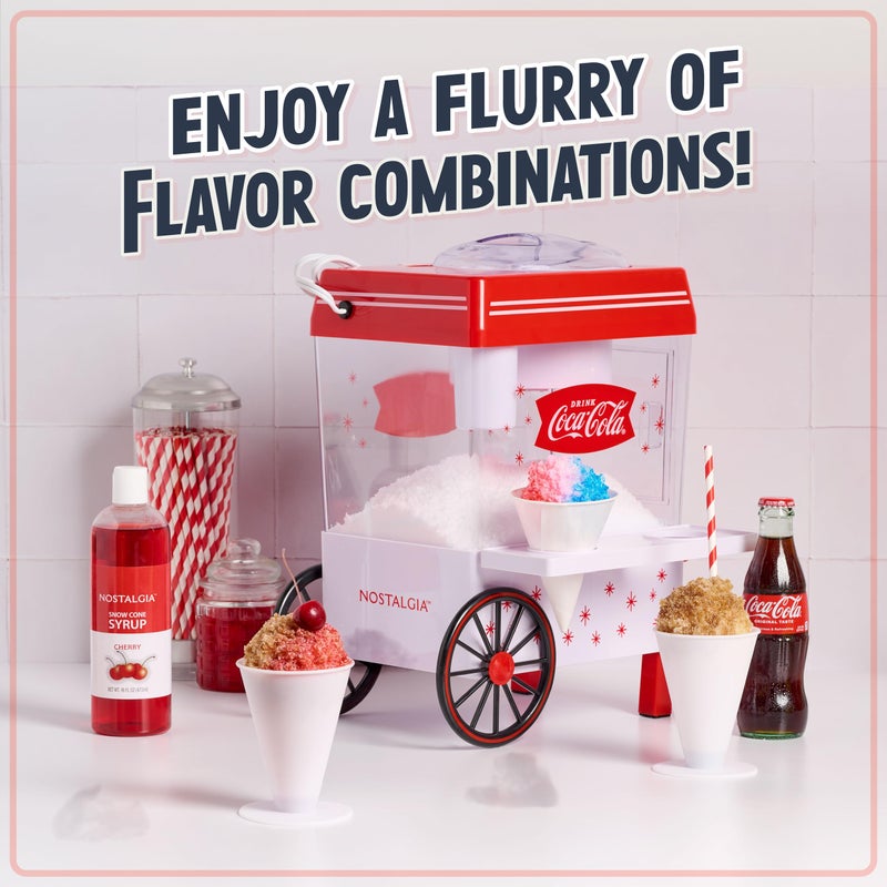 Nostalgia Coca-Cola Snow Cone Shaved Ice Machine - Coke Retro Table-Top Slushie Machine Makes 20 Icy Treats - Includes 2 Reusable Plastic Cups & Ice Scoop - White & Red - Image 5