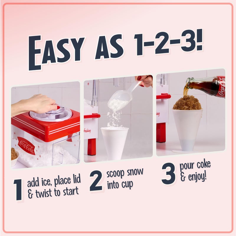 Nostalgia Coca-Cola Snow Cone Shaved Ice Machine - Coke Retro Table-Top Slushie Machine Makes 20 Icy Treats - Includes 2 Reusable Plastic Cups & Ice Scoop - White & Red - Image 3