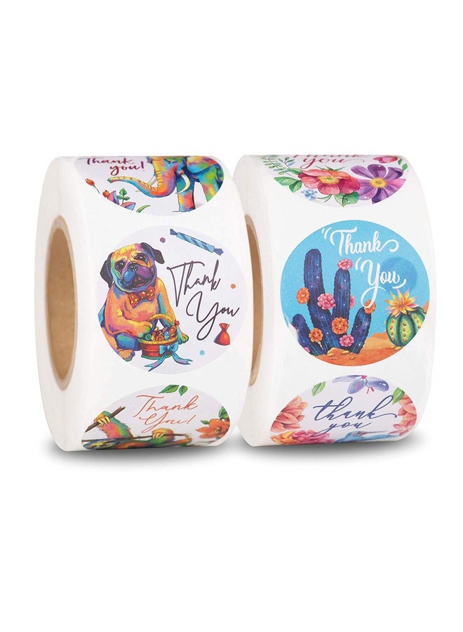 1000Pcs Animal Flower Thank You Stickers, 1 Inch Round Panda Elephant Bird Plant Thank You Label, Labels Stickers for Birthday Gift Bags Baby Shower Wedding Kids Toys Teacher Reward Stickers - Image 1