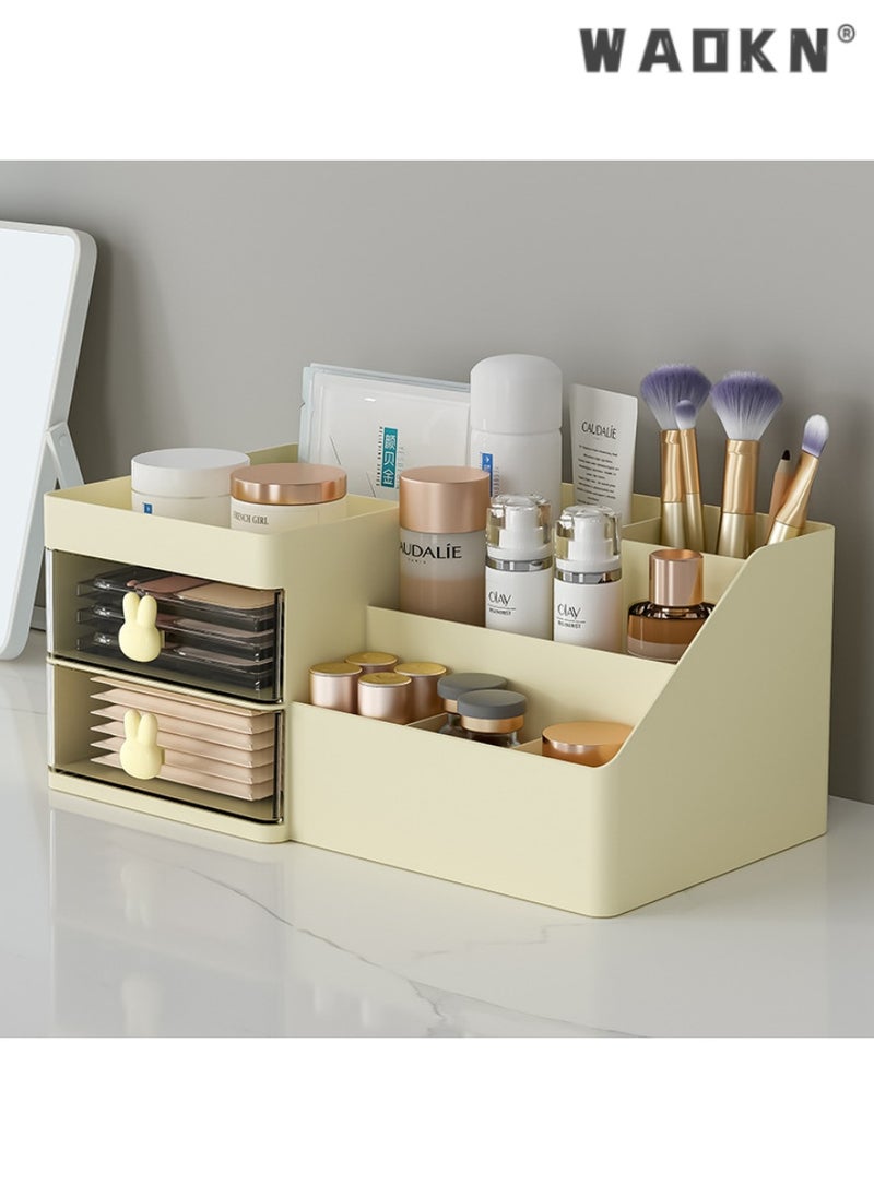 WAOKN Desk Organizer and Accessories with 2 Drawers and 6 Compartments, Plastic Makeup Organizer, Mini Pen Holder for Desktop Storage, Desk Organization for School, Home, Office Supplies(yellow)  - Image 1