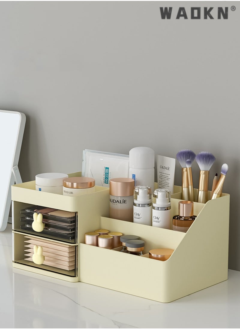 WAOKN Desk Organizer and Accessories with 2 Drawers and 6 Compartments, Plastic Makeup Organizer, Mini Pen Holder for Desktop Storage, Desk Organization for School, Home, Office Supplies(yellow)  - Image 3