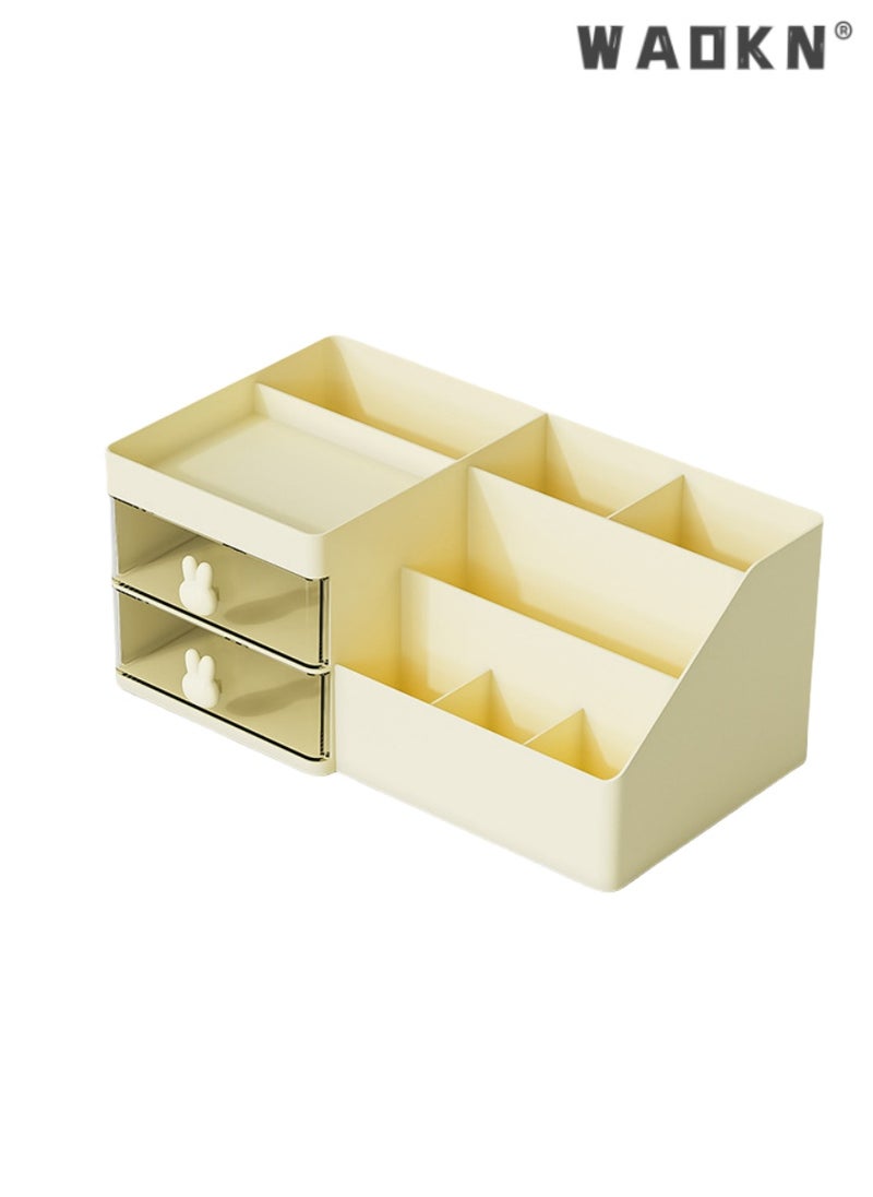 WAOKN Desk Organizer and Accessories with 2 Drawers and 6 Compartments, Plastic Makeup Organizer, Mini Pen Holder for Desktop Storage, Desk Organization for School, Home, Office Supplies(yellow)  - Image 5