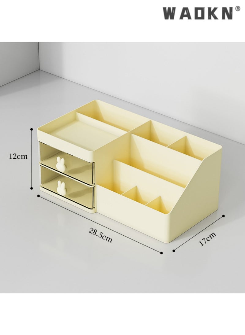 WAOKN Desk Organizer and Accessories with 2 Drawers and 6 Compartments, Plastic Makeup Organizer, Mini Pen Holder for Desktop Storage, Desk Organization for School, Home, Office Supplies(yellow)  - Image 2