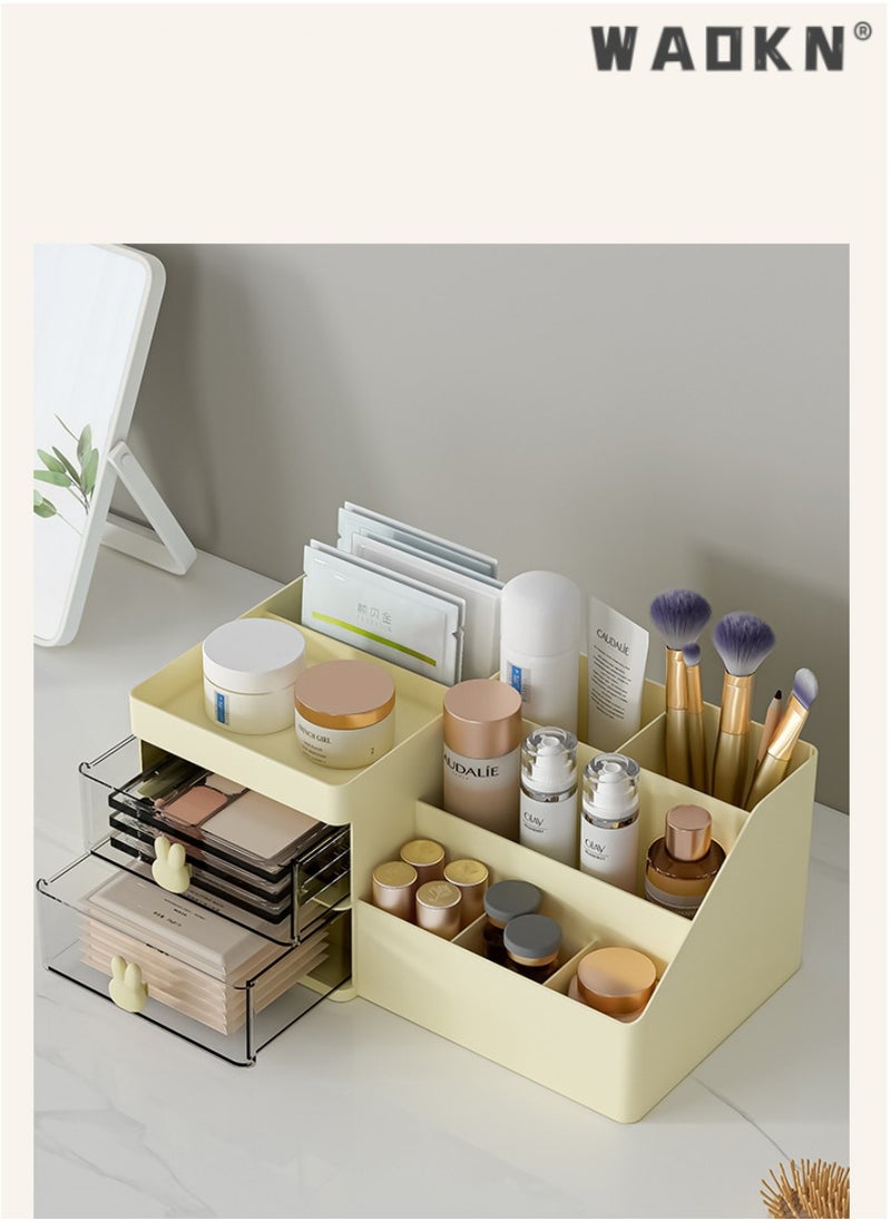 WAOKN Desk Organizer and Accessories with 2 Drawers and 6 Compartments, Plastic Makeup Organizer, Mini Pen Holder for Desktop Storage, Desk Organization for School, Home, Office Supplies(yellow)  - Image 4