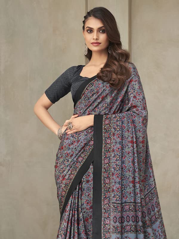 Satrani Women's Printed Crepe & Silk Saree with Unstitched Blouse Piece (2854S2405N_Grey) - Image 2