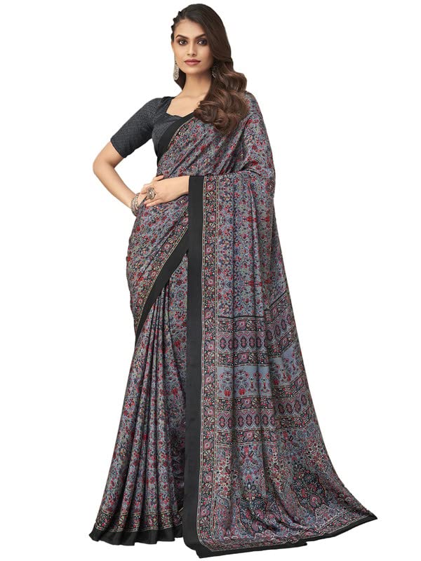 Satrani Women's Printed Crepe & Silk Saree with Unstitched Blouse Piece (2854S2405N_Grey) - Image 1