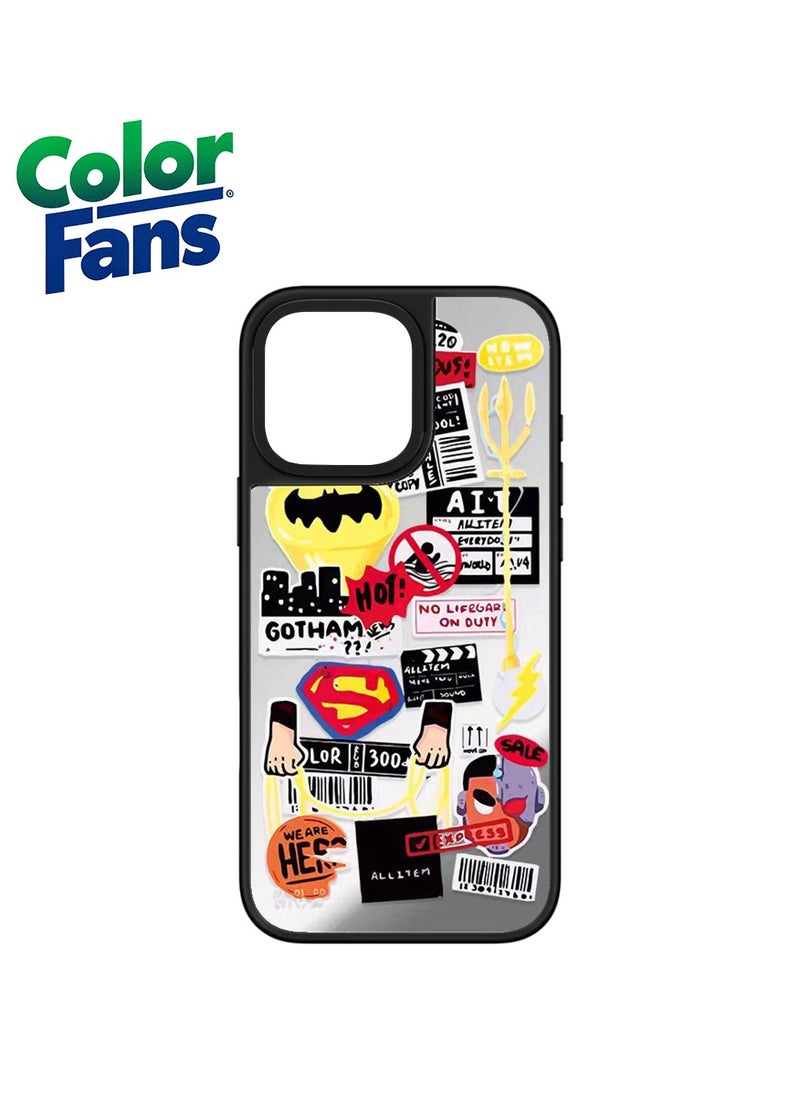 Color Fans - iPhone 13 Pro Superhero Sticker Mirror Case  - Reflective Silver with Bold Graphics - Image 1