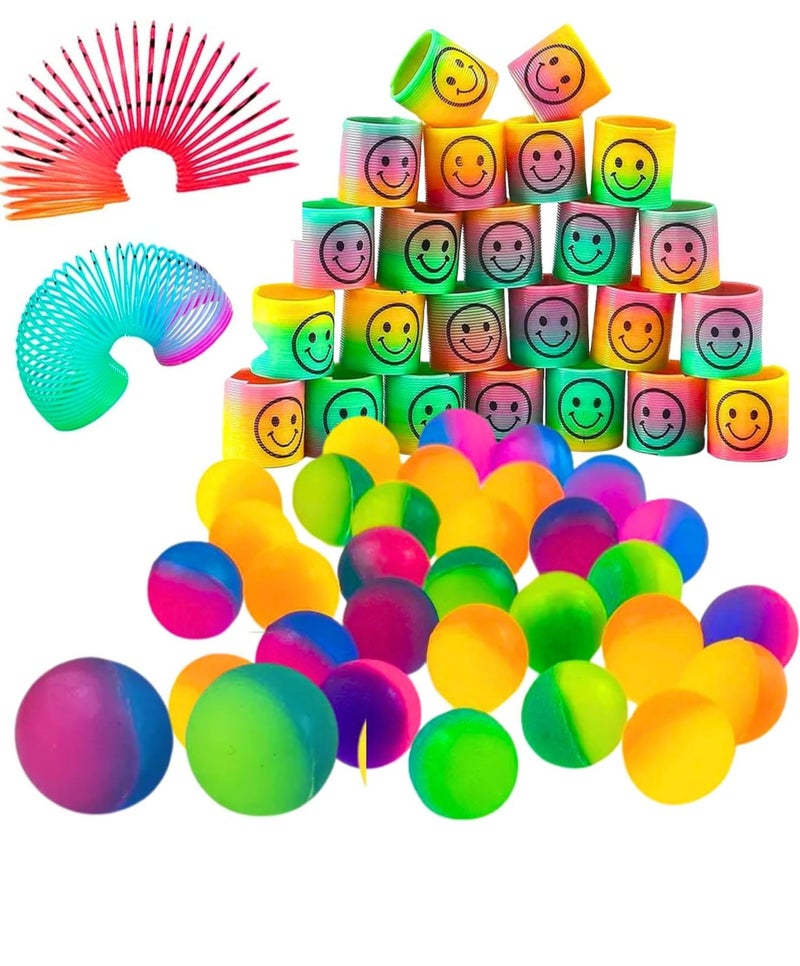 MAGIC VAULT Party Favors For Kids (24 Bouncy Balls & 12 Smiley Face Rainbow Spring) , party supplies Bouncy Balls For Kids Return Gifts For Birthday Party and Colorful Rainbow Smiley Face Rainbow Spring - Image 1