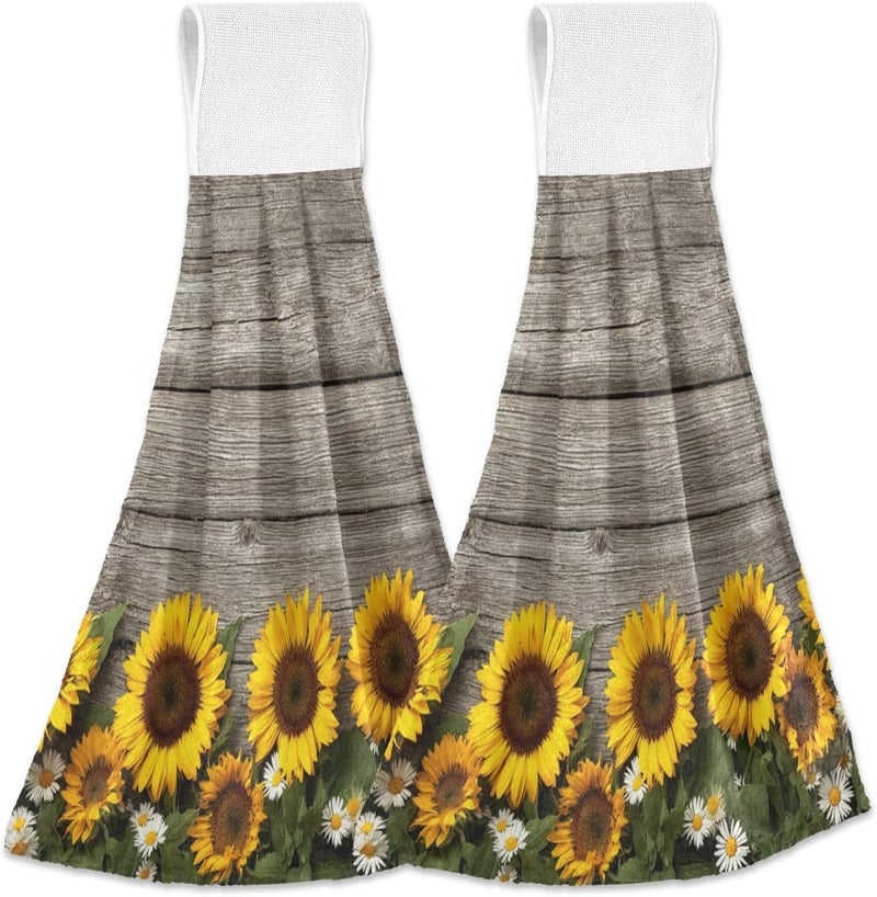 Dussdil Spring Summer Sunflowers Hanging Kitchen Towel Autumn Yellow Flowers Wooden Hand Tie Towels Set 2 Pcs Tea Bar Dish Cloths Dry Towel Soft Absorbent Durable for Bathroom Laundry Room Decor - Image 1