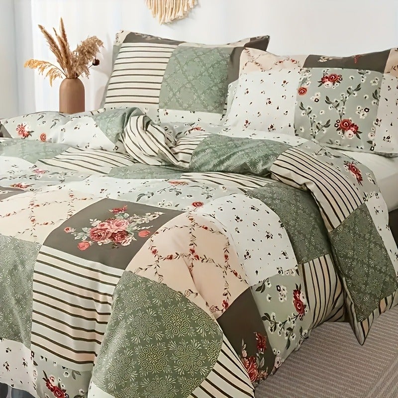 3pcs Green Floral Print Duvet Cover Set - Image 1