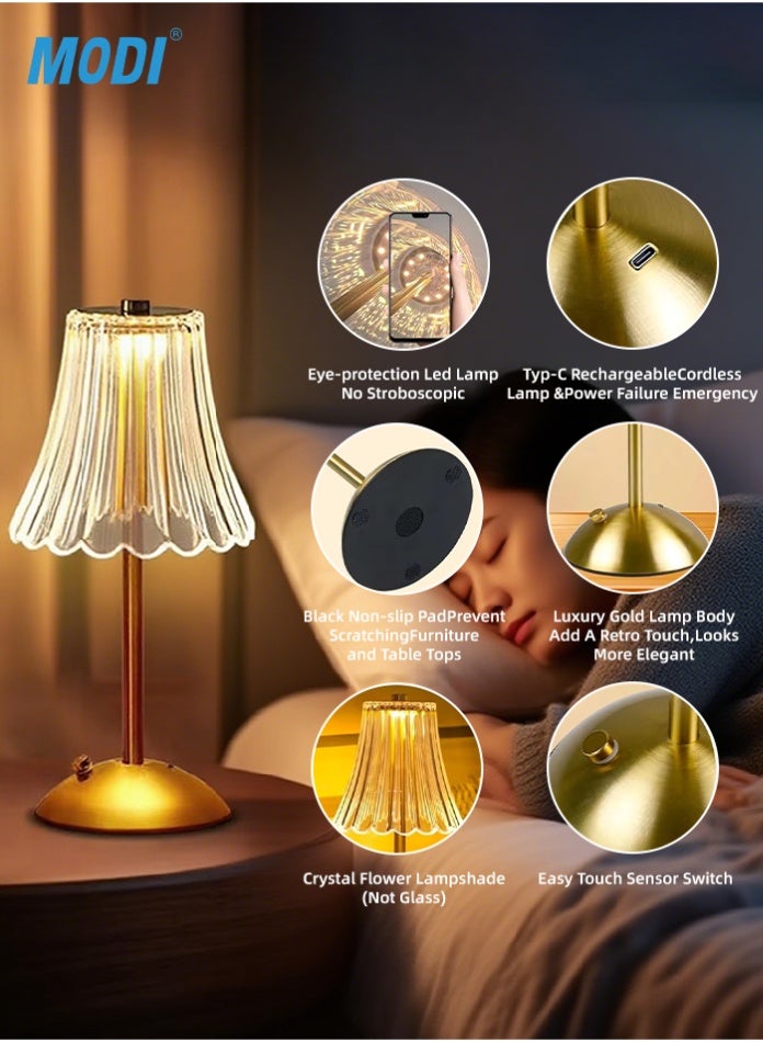 مودي مصباح طاولة كريستالي ماسي - خاصية التعتيم باللمس | مصباح سرير LED قابل لإعادة الشحن | هيكل ذهبي، غطاء أنيق، حماية للعينين | شحن USB من النوع C - Image 5