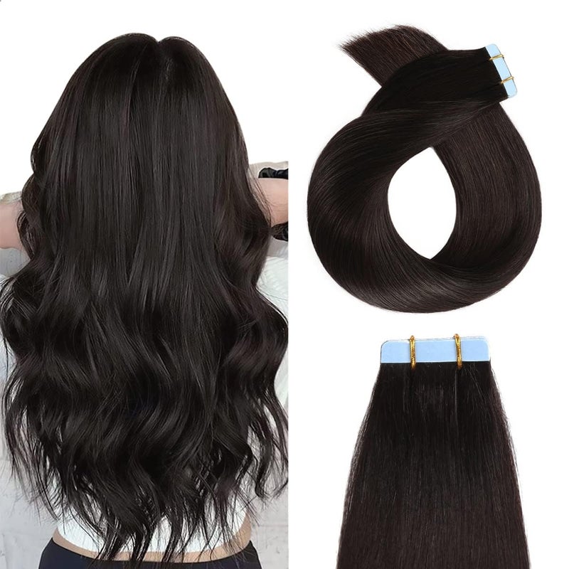 YILITE Tape in Hair Extensions Off Black Color Tape in Human Hair Extensions 18 inches Silky Straight Seamless Skin Weft Real Human Hair 50g 20pcs - Image 1