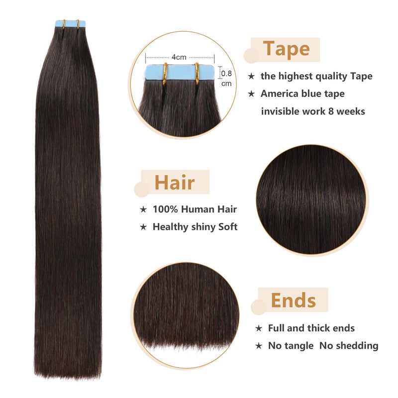 YILITE Tape in Hair Extensions Off Black Color Tape in Human Hair Extensions 18 inches Silky Straight Seamless Skin Weft Real Human Hair 50g 20pcs - Image 3