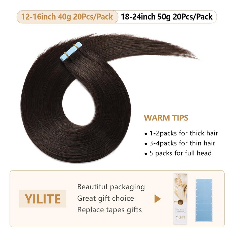 YILITE Tape in Hair Extensions Off Black Color Tape in Human Hair Extensions 18 inches Silky Straight Seamless Skin Weft Real Human Hair 50g 20pcs - Image 4