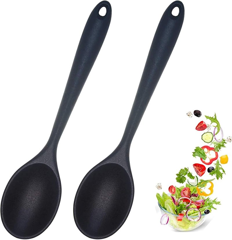 Ecerangus 2 Pcs Silicone Nonstick Mixing Spoon, Silicone Spoons for Cooking Heat Resistant, Cooking Utensil for Kitchen Cooking Baking Stirring Serving (Black) - Image 1