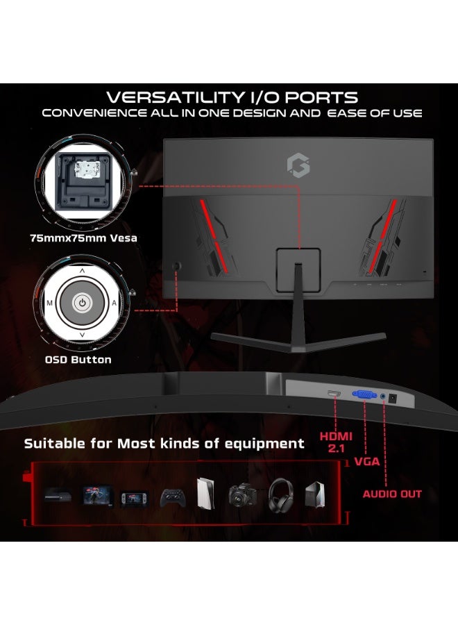 GAMEON 27 Inch Curved Gaming Monitor FHD 1080p VA Display 120Hz Overclock 5ms FreeSync Adaptive Sync HDR HDMI 2.1 VGA Built-in Speakers Low Blue Light Flicker Free 4000:1 Contrast LED Monitor black - Image 5