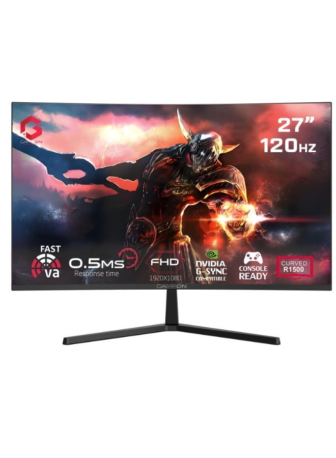GAMEON 27 Inch Curved Gaming Monitor FHD 1080p VA Display 120Hz Overclock 5ms FreeSync Adaptive Sync HDR HDMI 2.1 VGA Built-in Speakers Low Blue Light Flicker Free 4000:1 Contrast LED Monitor black