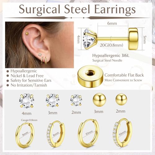 Jstyle 14K Gold Earrings for Women Hypoallergenic Small Huggie Hoop Earrings for Multiple Piercing Flat Back Stud Earrings Lobe Helix Cartilage Earring Sets Tiny Ball CZ Gold/Silver - Image 5