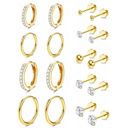 Jstyle 14K Gold Earrings for Women Hypoallergenic Small Huggie Hoop Earrings for Multiple Piercing Flat Back Stud Earrings Lobe Helix Cartilage Earring Sets Tiny Ball CZ Gold/Silver - Image 1