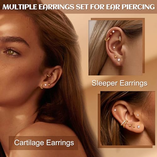 Jstyle 14K Gold Earrings for Women Hypoallergenic Small Huggie Hoop Earrings for Multiple Piercing Flat Back Stud Earrings Lobe Helix Cartilage Earring Sets Tiny Ball CZ Gold/Silver - Image 4