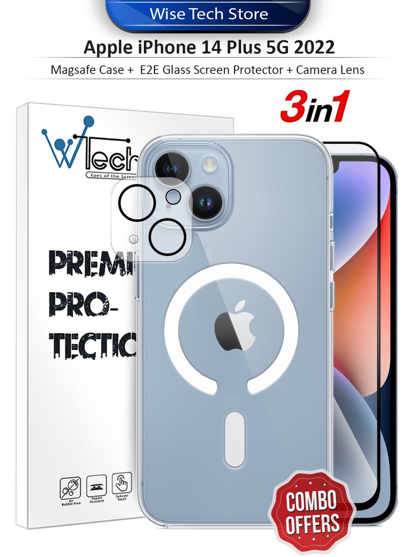 دبليو تيك حزمة حماية 3 في 1 لهاتف آيفون 14 بلس 5G 2022 من أبل، غطاء شفاف مقاوم للصدمات مع ماجسيف، واقي شاشة زجاجي E2E وحامي عدسة الكاميرا بحماية 360، سهل التركيب - شفاف/أسود - Image 1