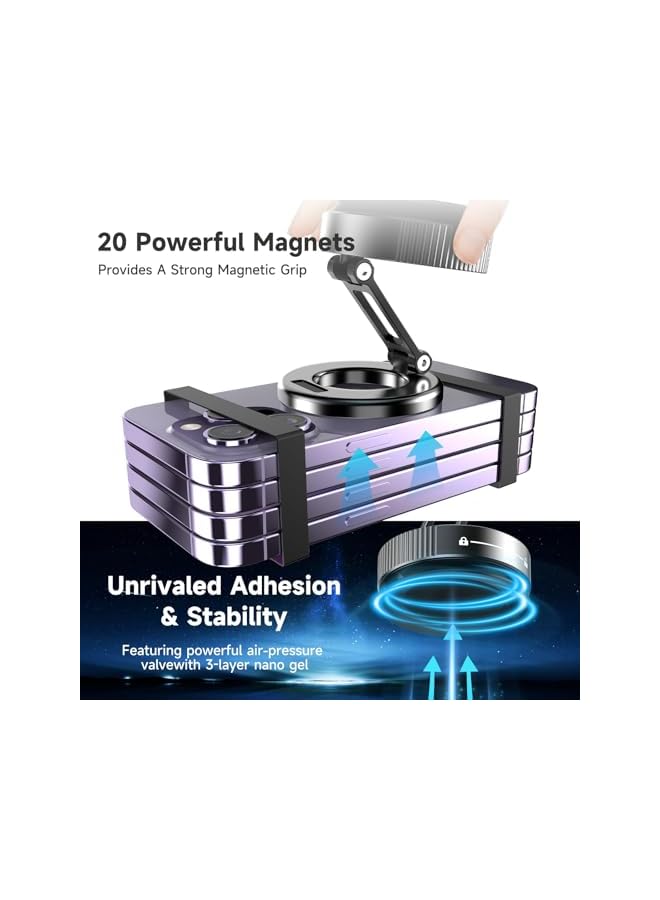 S-TOP Magnetic Phone Holder, 360° Rotating Foldable Suction Cup Mount, Mechanical Alloy Car Phone Stand with Strong Magnet and Magnetic Ring for iPhone and Android, Compact Travel Design - Image 2