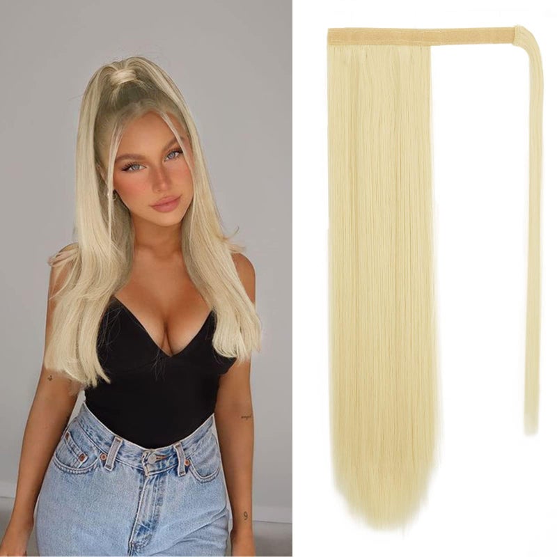 BARSDAR Bleach Blonde Straight Ponytail Extension  26 Inch Long Straight Wrap Around Ponytail for Women Clip in Ponytails Hair Extensions Synthetic Blonde Pony Tails Hairpieces Daily