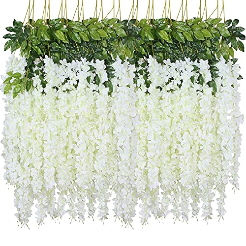 WEISPARK Fake Hanging Flowers - 12 Pieces 3.75 Feet/Piece Artificial Wisteria Vine Ratta Hanging Garland Silk Flowers for Home Party Wedding Decor (White) - Image 1