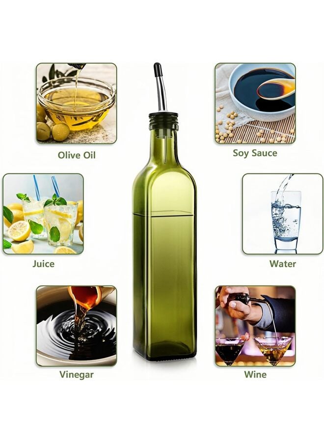 LAMAY Olive Oil Dispenser Bottle, 2 Pcs Green Glass Vinegar Dispenser Set with 2 Stainless Steel Pourers, 4 Labels,1 Brush and 1 Funnel Oil Bottles for Kitchen (500ml) - Image 3