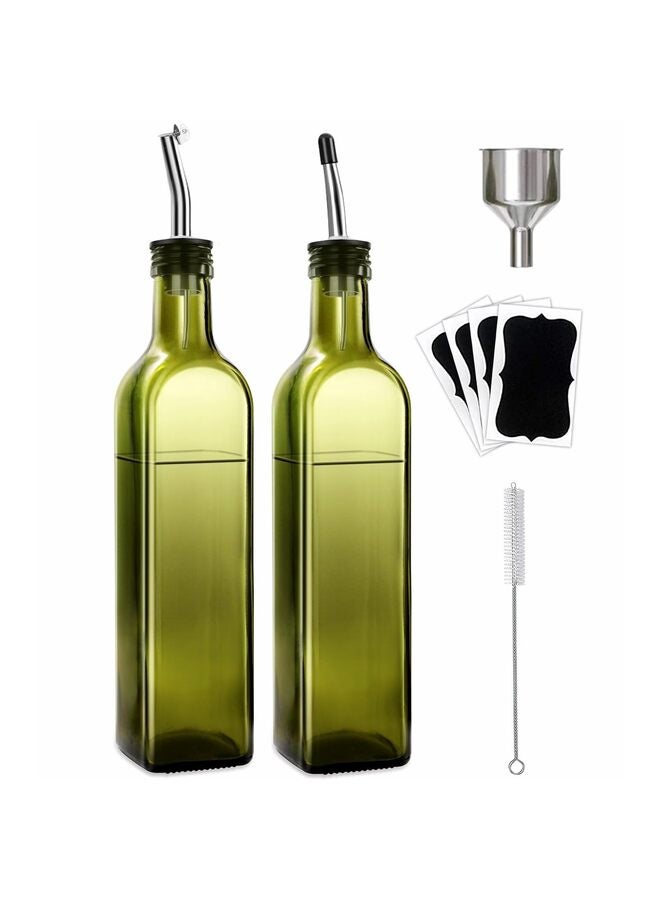 LAMAY Olive Oil Dispenser Bottle, 2 Pcs Green Glass Vinegar Dispenser Set with 2 Stainless Steel Pourers, 4 Labels,1 Brush and 1 Funnel Oil Bottles for Kitchen (500ml) - Image 1