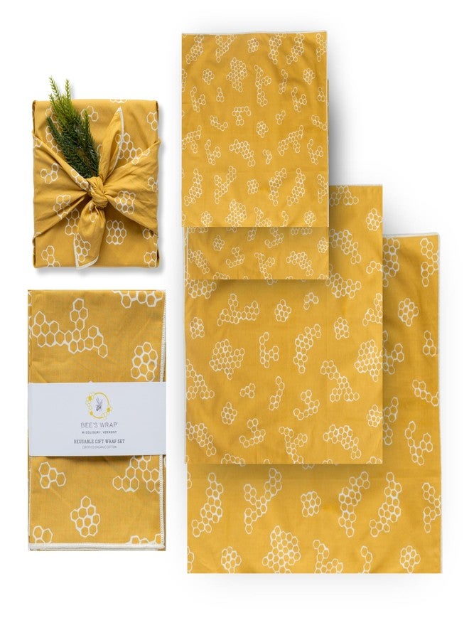 Bee's Wrap Furoshiki Reusable Cotton Fabric Wrapping Paper - Mustard Honeycomb Pack of 4 Gift Wraps - Reusable Wrapping Paper & Gift Wrap - Image 1