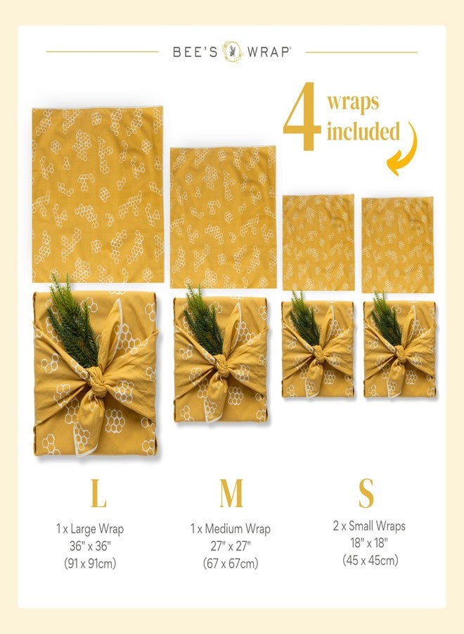 Bee's Wrap Furoshiki Reusable Cotton Fabric Wrapping Paper - Mustard Honeycomb Pack of 4 Gift Wraps - Reusable Wrapping Paper & Gift Wrap - Image 3