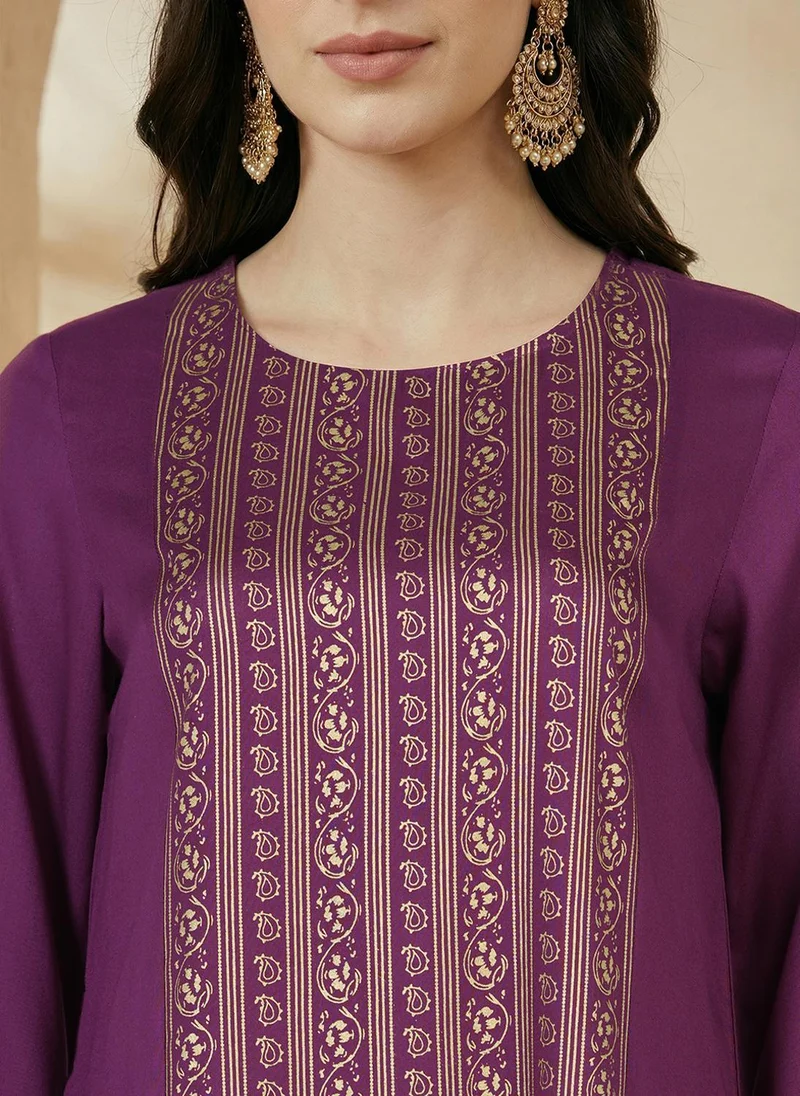 Globus  Globus Women's Purple Gold Foil Print Festive Maxi Ethnic Dress with Round Neck and Bell Sleeves Floral Design for Women | Best Price UAE