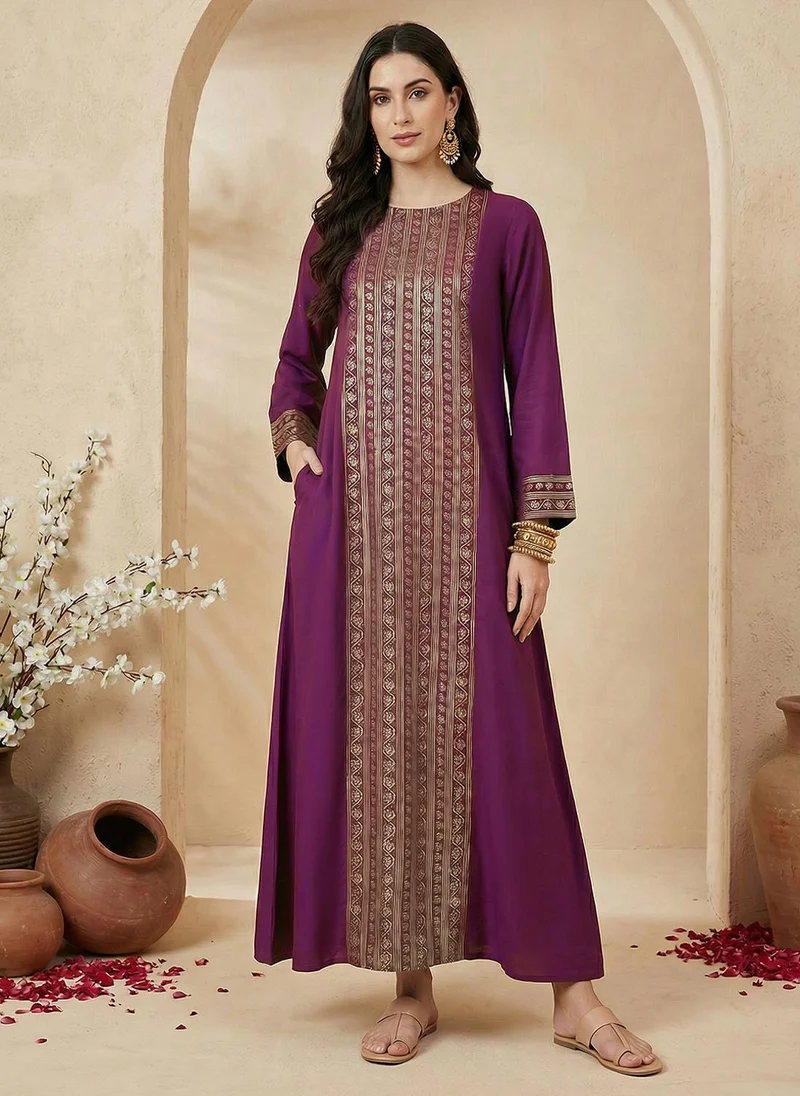 جلو باص Globus Women's Purple Gold Foil Print Festive Maxi Ethnic Dress with Round Neck and Bell Sleeves Floral Design