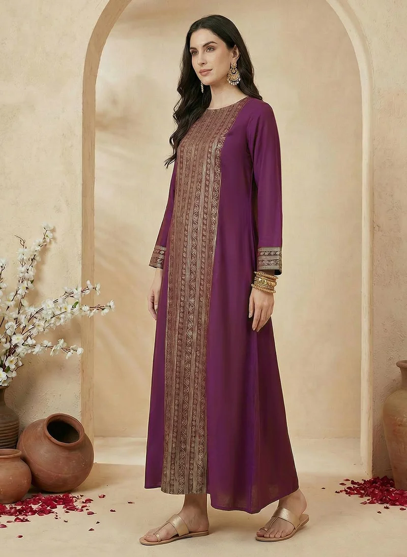 Globus  Globus Women's Purple Gold Foil Print Festive Maxi Ethnic Dress with Round Neck and Bell Sleeves Floral Design for Women | Best Price UAE