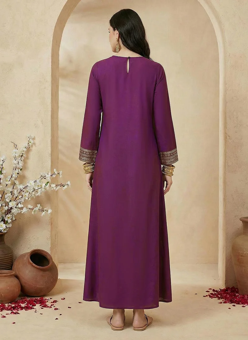 Globus  Globus Women's Purple Gold Foil Print Festive Maxi Ethnic Dress with Round Neck and Bell Sleeves Floral Design for Women | Best Price UAE