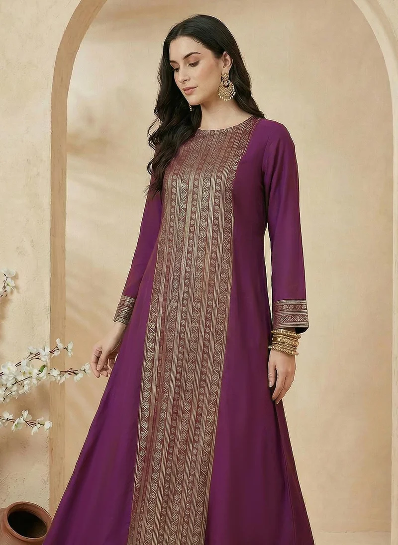 Globus  Globus Women's Purple Gold Foil Print Festive Maxi Ethnic Dress with Round Neck and Bell Sleeves Floral Design for Women | Best Price UAE