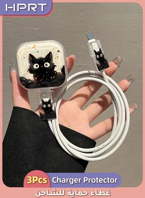 Charger Protector Case 3 Pack, TPU Cable Protector with Cute Black Cat Star Pattern, Compatible with iPhone 18W 20W Charger (UK Plug), Charger Cover and Data Cable Saver Set
