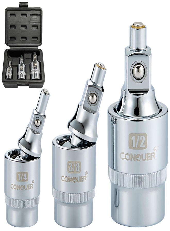 CONQUER Magnetic 2-Stage Universal Joint Socket Extension Set - 1/4", 3/8" & 1/2" Drive CR-MO Steel Adapters with Swivel & Fixed Positions, Magnetic Tip for Automotive, Mechanic & DIY Repairs - Image 1