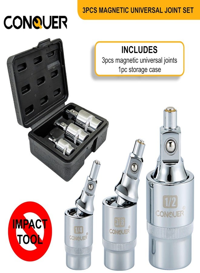 CONQUER Magnetic 2-Stage Universal Joint Socket Extension Set - 1/4", 3/8" & 1/2" Drive CR-MO Steel Adapters with Swivel & Fixed Positions, Magnetic Tip for Automotive, Mechanic & DIY Repairs - Image 5