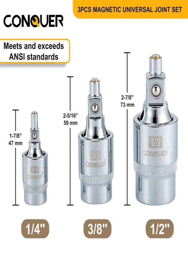 CONQUER Magnetic 2-Stage Universal Joint Socket Extension Set - 1/4", 3/8" & 1/2" Drive CR-MO Steel Adapters with Swivel & Fixed Positions, Magnetic Tip for Automotive, Mechanic & DIY Repairs - Image 2