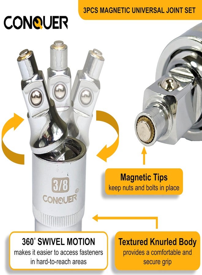 CONQUER Magnetic 2-Stage Universal Joint Socket Extension Set - 1/4", 3/8" & 1/2" Drive CR-MO Steel Adapters with Swivel & Fixed Positions, Magnetic Tip for Automotive, Mechanic & DIY Repairs - Image 4