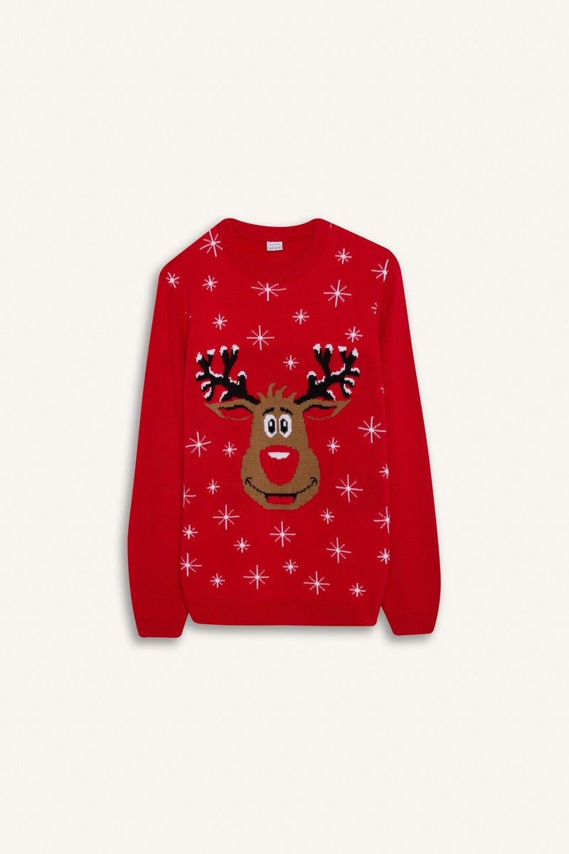 DeFacto Man Red Standard Fit Crew Neck New Year Themed Knitwear Pullover  - Image 2