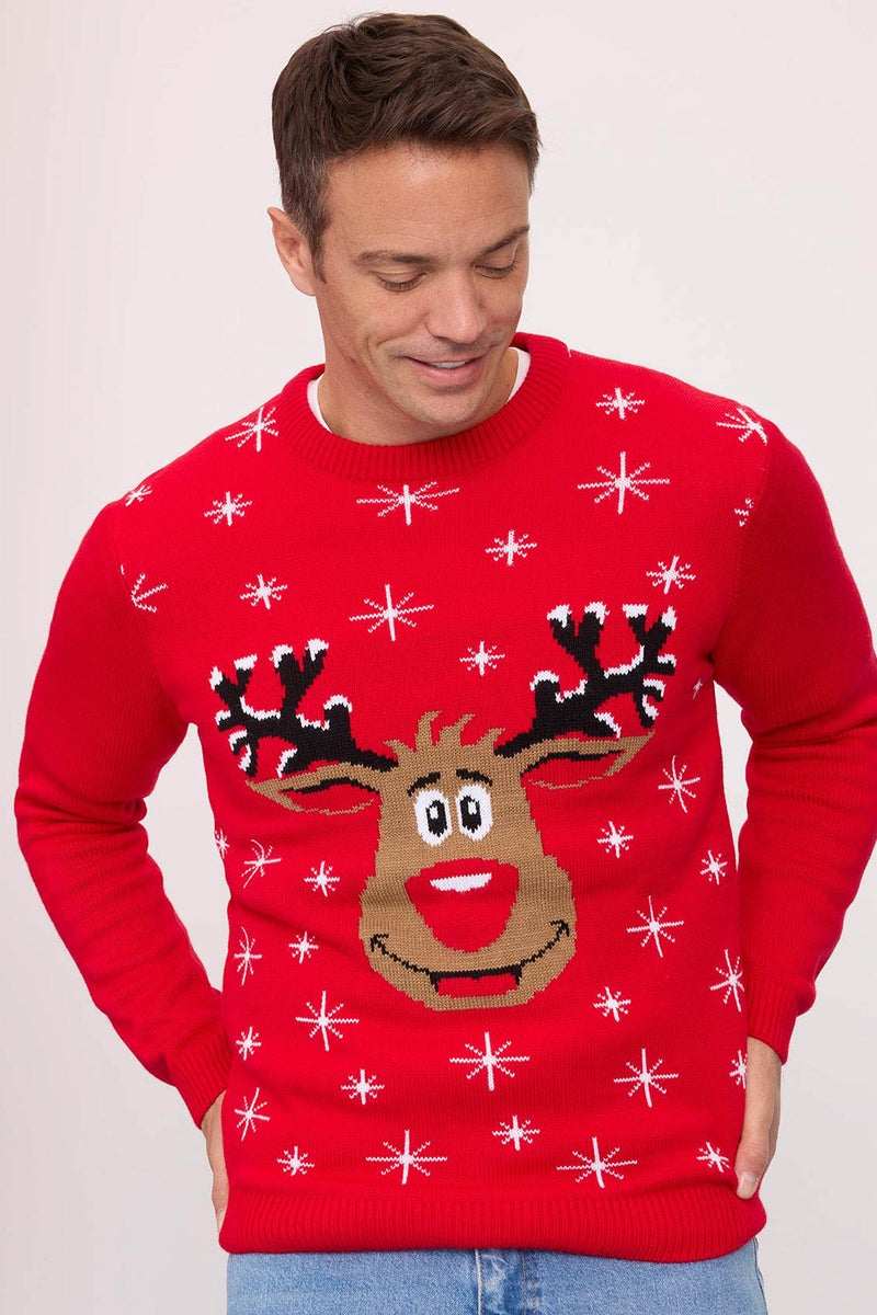 DeFacto Man Red Standard Fit Crew Neck New Year Themed Knitwear Pullover  - Image 1