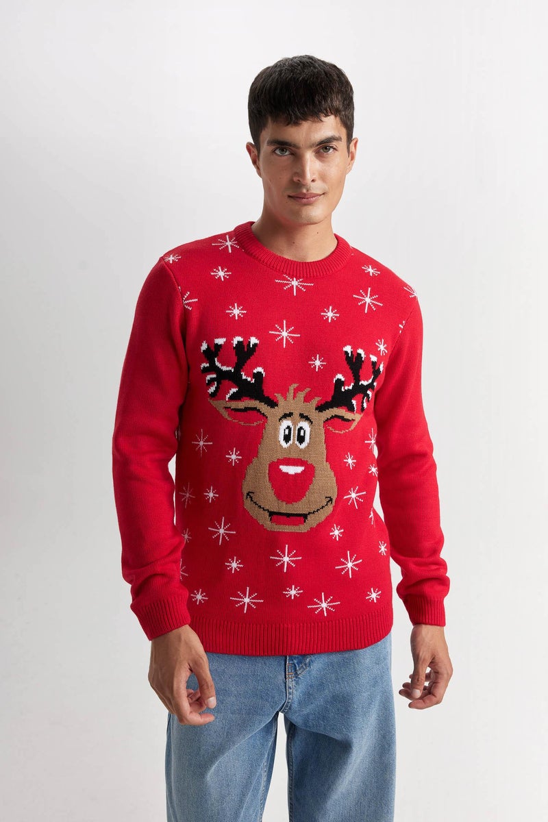 DeFacto Man Red Standard Fit Crew Neck New Year Themed Knitwear Pullover  - Image 5