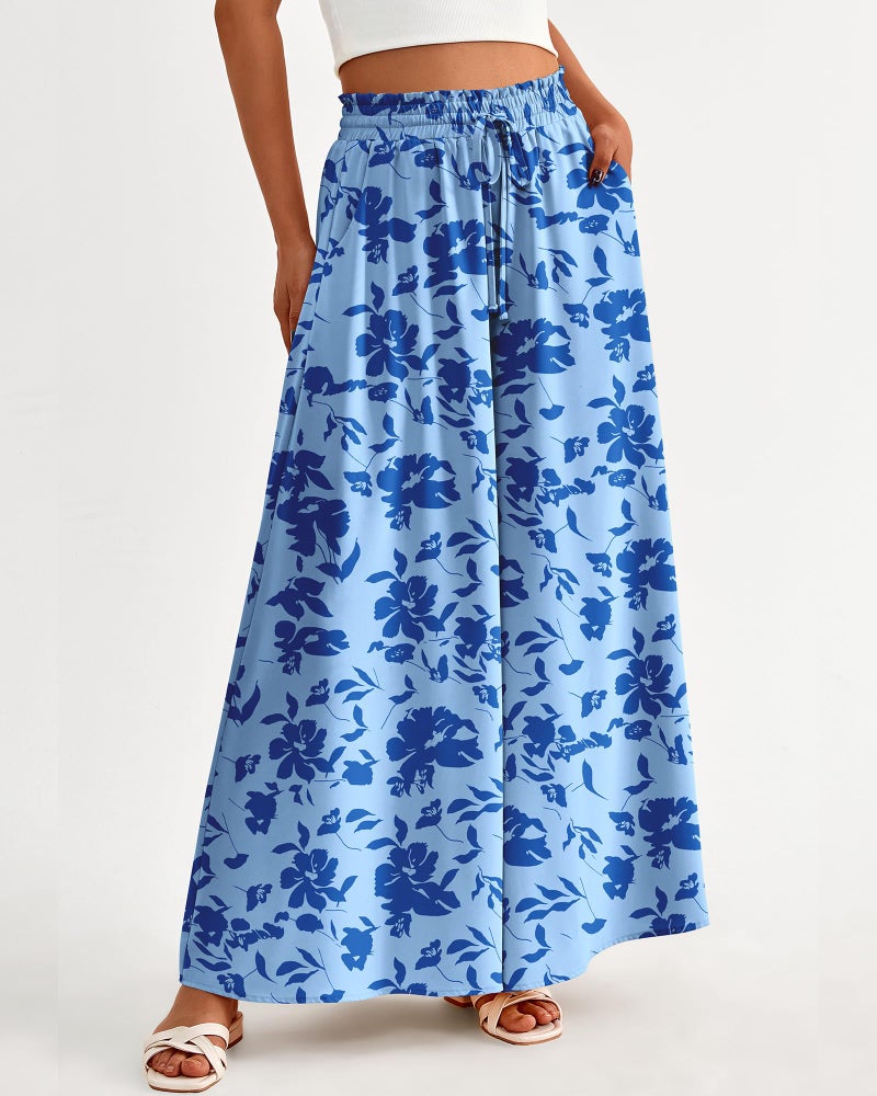 BTFBM Women Casual High Waist Wide Leg Pants 2025 Summer Fall Long Palazzo Pants Pocket Lounge Vacation Beach Trousers(Print Blue, Small) - Image 3