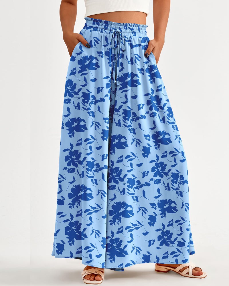 BTFBM Women Casual High Waist Wide Leg Pants 2025 Summer Fall Long Palazzo Pants Pocket Lounge Vacation Beach Trousers(Print Blue, Small) - Image 2