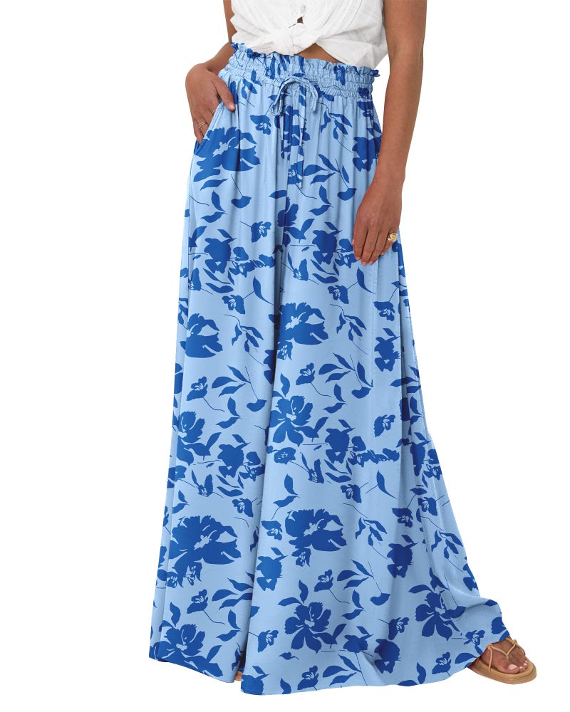 BTFBM Women Casual High Waist Wide Leg Pants 2025 Summer Fall Long Palazzo Pants Pocket Lounge Vacation Beach Trousers(Print Blue, Small) - Image 5