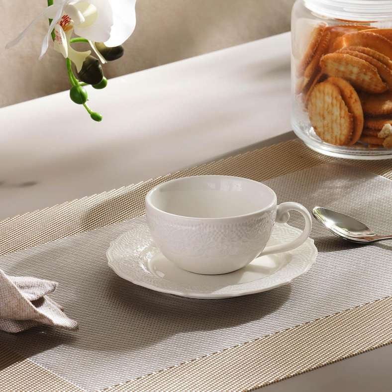 Pan Home طقم فناجين قهوة وصحن من البورسلين - أبيض