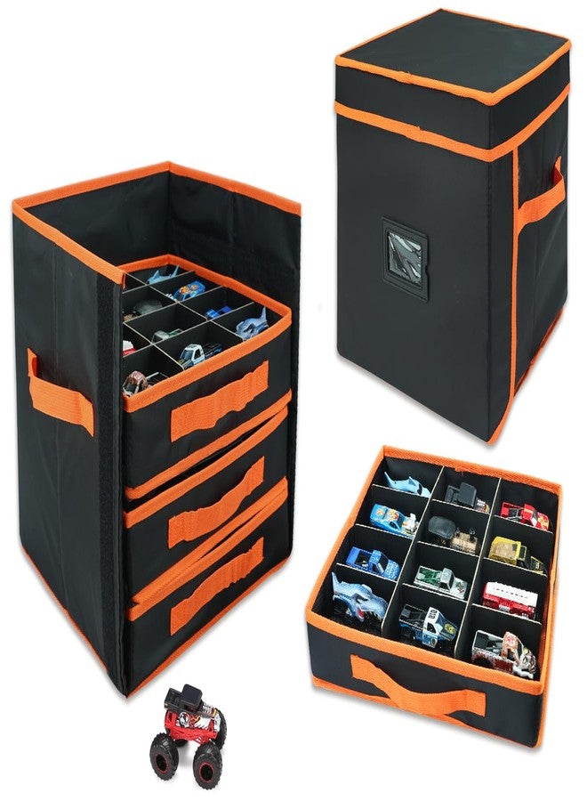 KISLANE Monster Truck Storage Organizer, 4-Layer Trucks Storage Box with 48 Compartments,Fits 1:64 Monster Trucks, Toy Trucks & More - Foldable Toy Organizer with Drawers (Black) - Image 1